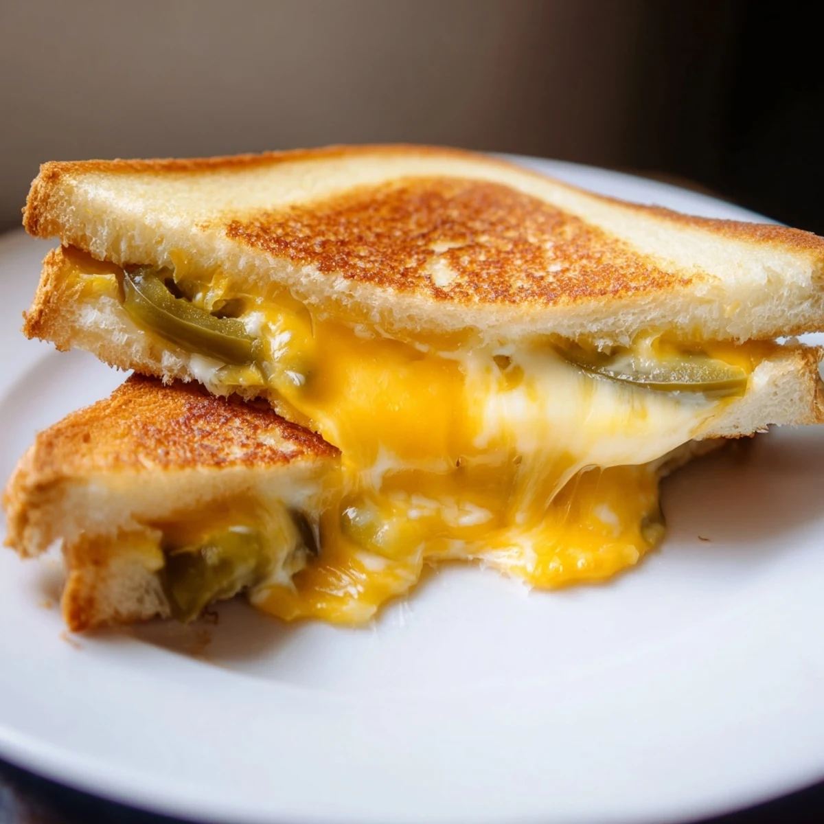 Crusty sourdough slices stuffed with sharp cheddar and tangy pickled jalapeños, grilled until golden and dripping.  