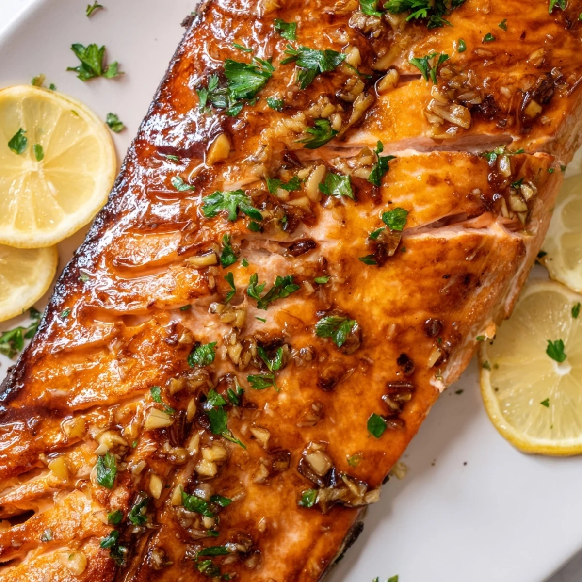 A close-up of tender, flaky honey garlic glazed salmon brushed with buttery sauce, garnished with fresh parsley and a lemon slice.