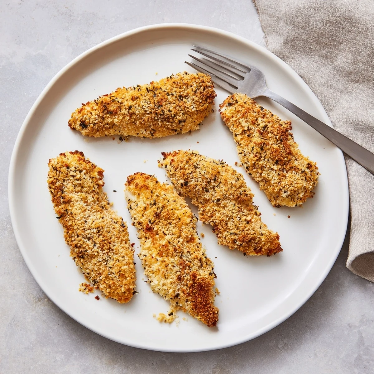 Golden, herbed Crispy Panko Chicken Strips fresh from the oven, glistening and ready for dipping.  