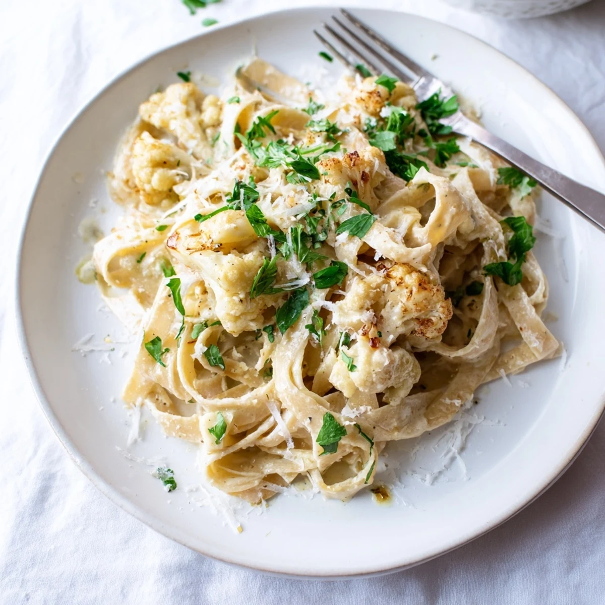 Creamy Roasted Cauliflower Alfredo clings to fettuccine, topped with fresh parsley and extra Parmesan for a comforting vegetarian dinner.