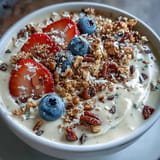 A creamy vanilla bean frappuccino smoothie bowl topped with crunchy granola, fresh berries, and cacao nibs for a refreshing breakfast treat.