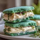 Soft and chewy St. Patricks Day cookies filled with fluffy vanilla buttercream and rolled in green sugar.  