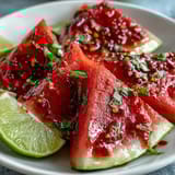 Chilled watermelon wedges dusted with spicy Tajin and bright lime create the perfect refreshing summer treat.  