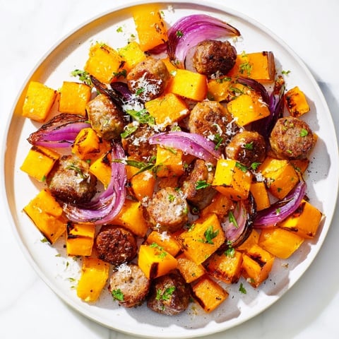 Roasted Butternut Squash and Sausage Bake served in a rustic dish, exuding savory aromas.  