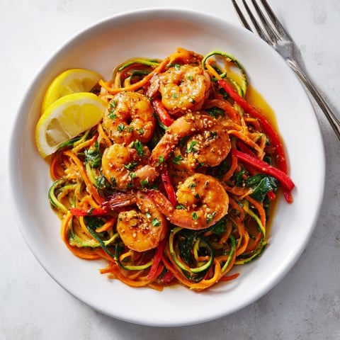 Sizzling garlic butter shrimp nestled on colorful veggie noodles, perfect for dinner.  