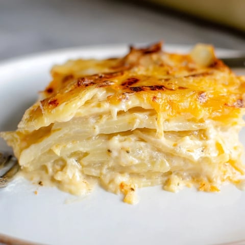 Creamy, cheesy scalloped potatoes topped with a golden crust, perfect for gatherings.  