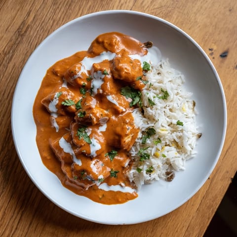 Golden butter chicken served atop fluffy rice pilaf, a comforting Indian dinner with rich aromas.