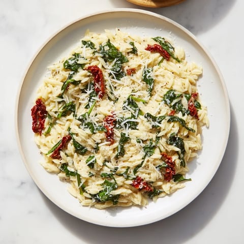 Creamy Tuscan Orzo Bowl with vibrant sun-dried tomatoes and spinach, a comforting vegetarian meal.
