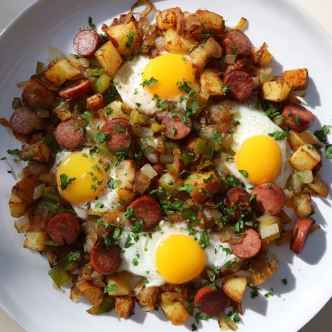 Golden, crispy Egg & Potato Hash with sizzling hot dogs and perfectly cooked eggs.