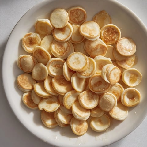 Tiny golden pancake cereal served in a bowl, perfect for a fun and easy plated brunch.