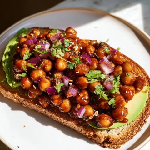 BBQ chickpeas on toast, with a vibrant red hue atop crisp, golden toasted bread, perfect for a vegan meal.