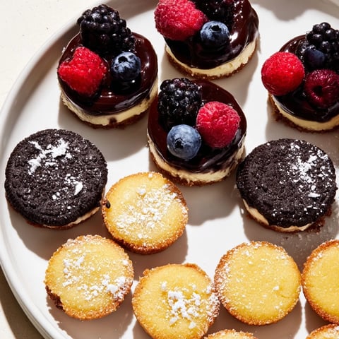 A tray of colorful Mini Dessert Bites Trio, including cheesecake, chocolate, and bright lemon.