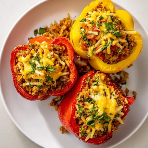 Steaming baked Stuffed Peppers with ground turkey and rice, topped with melted cheese, ready to eat.