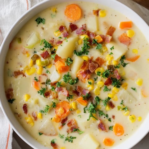 Steaming bowl of Corn & Potato Chowder, garnished with fresh herbs, a truly comforting soup.