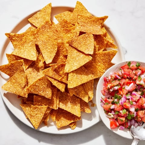 Golden, crispy air-fryer tortilla chips ready to be dipped into a vibrant red homemade salsa.