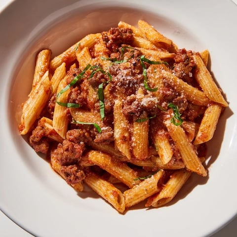 Creamy Tomato and Sausage Pasta, a luscious dish with sausage, tomatoes, and penne, ready to eat.