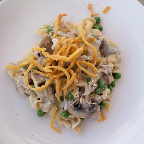 Golden brown Homemade Tuna Noodle Casserole with a crispy onion topping, perfect for comforting weeknight meals.