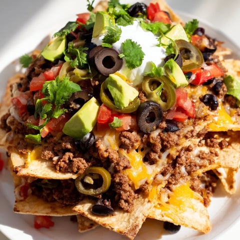 A sheet pan of nachos, overflowing with seasoned ground beef and melted cheese, ready to enjoy.