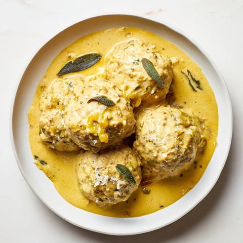 A cozy scene: Turkey Meatballs with Pumpkin Sage Sauce served over creamy mashed potatoes.