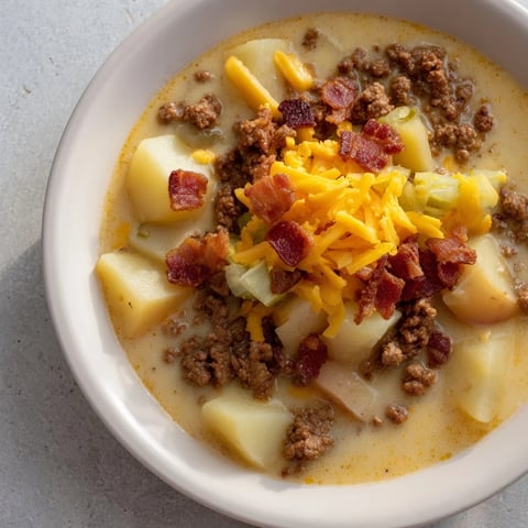 Crockpot Cheeseburger Soup: A creamy bowl with beef, melted cheese, and crispy bacon, ready to be enjoyed.