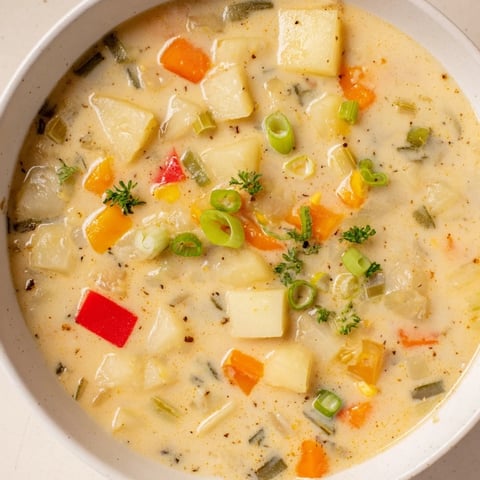 Creamy, spiced Slow Cooker Cajun Potato Soup with visible chunks of potato and vibrant vegetables.