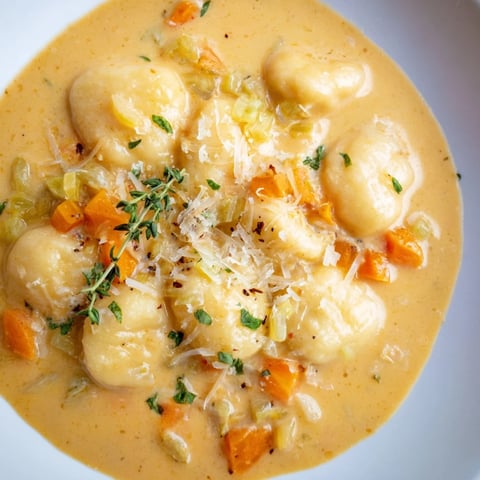 Steaming Savory Butternut Squash Gnocchi Soup, garnished with Parmesan and fresh parsley, ready to eat.