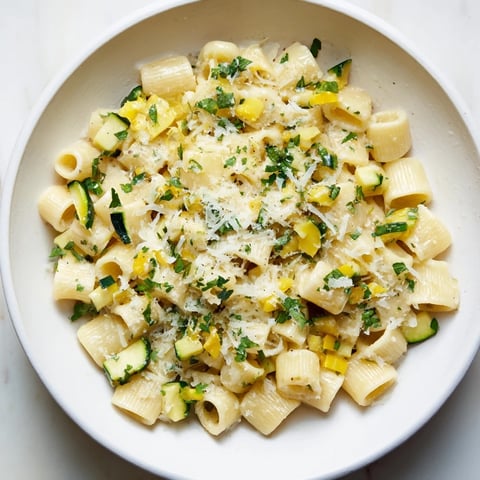 One-Pot Creamy Zucchini Ditalini pasta, creamy with melted Parmesan, served hot and garnished with parsley.
