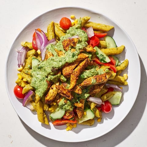 Peruvian Aji Verde Chicken Pasta Salad with colorful vegetables and creamy sauce, ready to serve.