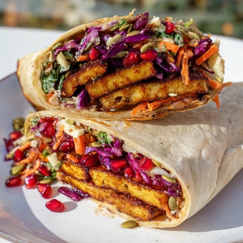 Sweet chili tofu crunch wrap, golden and crispy, features a vibrant holiday slaw with pomegranate seeds.