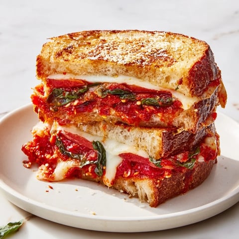 Air Fryer Pizza Margherita Grilled Cheese, golden and bubbly, sliced and ready for a savory bite.