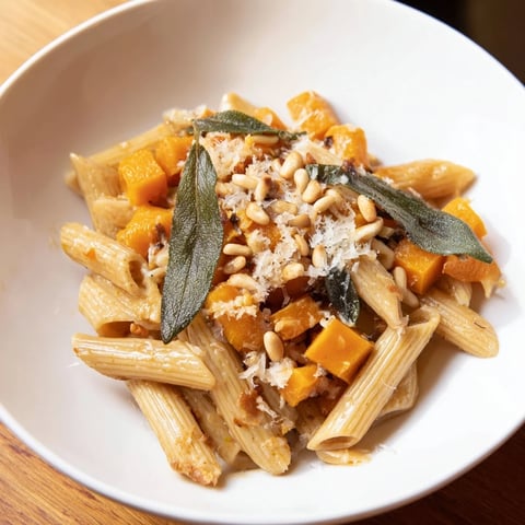 Golden brown butternut squash and sage brown butter pasta, ready for a comforting bite.