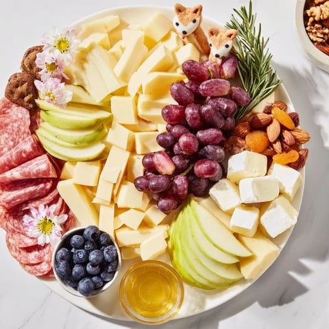 Cozy Forest Animal Board bursting with colorful fruits, assorted cheeses, and animal-shaped treats for snacking.