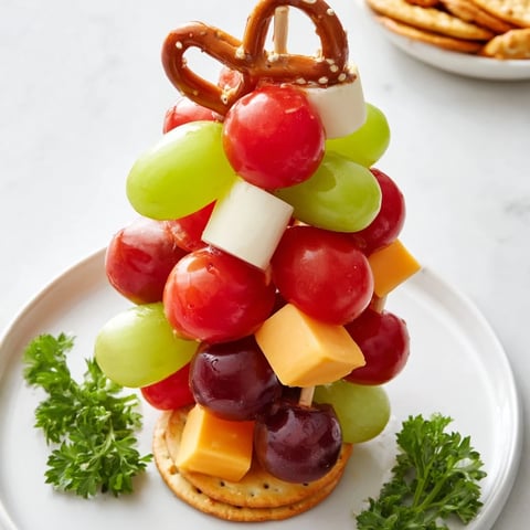 Vibrant, colorful Up, Up & Away Hot Air Balloon Snacks with stacked tomatoes, grapes, and cheese ready to serve.