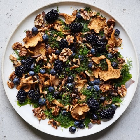 A vibrant photo of Northwest Forest Forager featuring earthy mushrooms and fresh, dark berries beautifully arranged.
