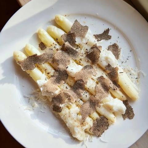 Elegant Silver Birch salad, showcasing tender asparagus and creamy burrata with shaved truffle on a plate.