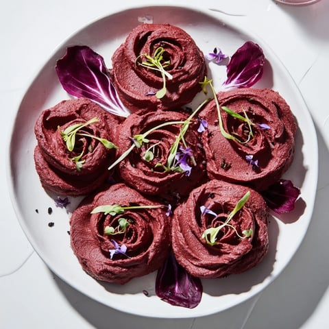 Vibrant beet hummus roses, part of The Velvet Rose appetizer, served on crisp radicchio for a colorful dish.