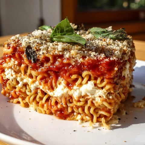 Bubbling, golden Ramen Lasagna fresh from the oven, ready to serve with fragrant basil.