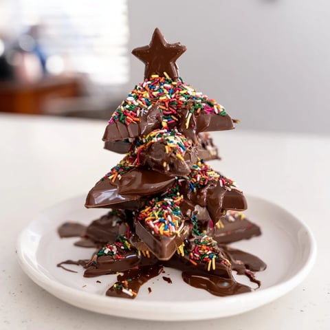 Chocolate Kinder Christmas Trees, a festive dessert with melted chocolate drizzle and colorful sprinkles.