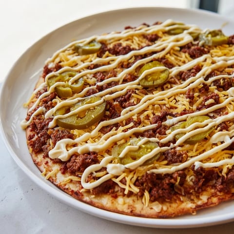 Ground Beef Taco Pizza: a delicious close-up showcases melted cheese and savory ground beef toppings.