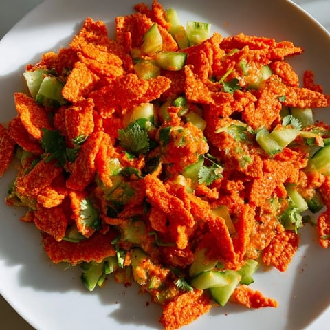 Crushed Flamin Hot Cheeto Salad tossed with crisp cucumber, fresh cilantro, and a zesty lime-hot sauce dressing.