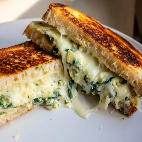 Golden-brown sourdough slices hold a creamy spinach and artichoke filling, melted mozzarella peeking out from the edges.  