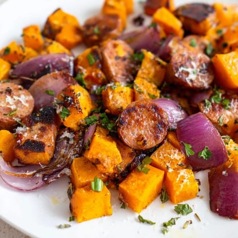 Golden butternut squash and sausage roast, perfectly seasoned and ready for family dinner.  