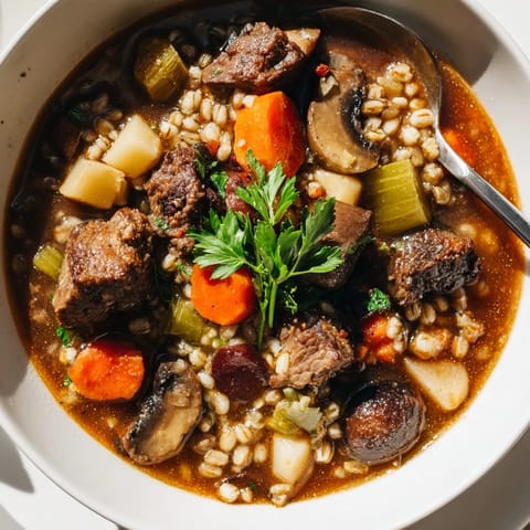 Comfort food at its finest, this beef and barley stew brims with savory goodness.  