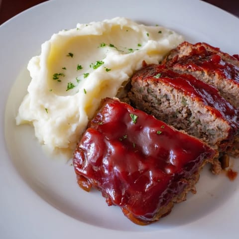 A close-up of a tender meatloaf, glazed, beside fluffy mashed potatoes, a classic American meal.