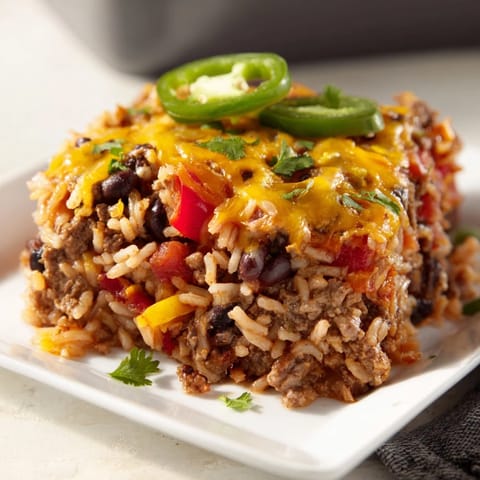A bubbly, cheese-topped photo of Tex-Mex Beef & Rice Casserole, served with fresh cilantro.