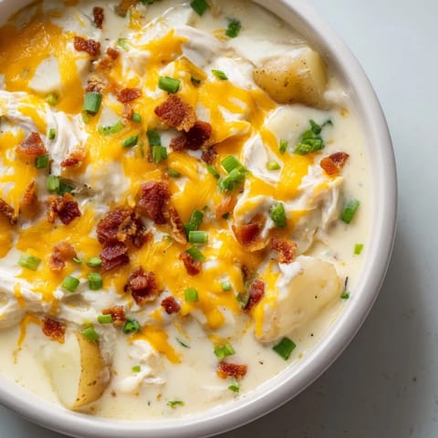 A steaming bowl of Crockpot Loaded Baked Potato Soup, the perfect comfort food, ready to serve with toppings.