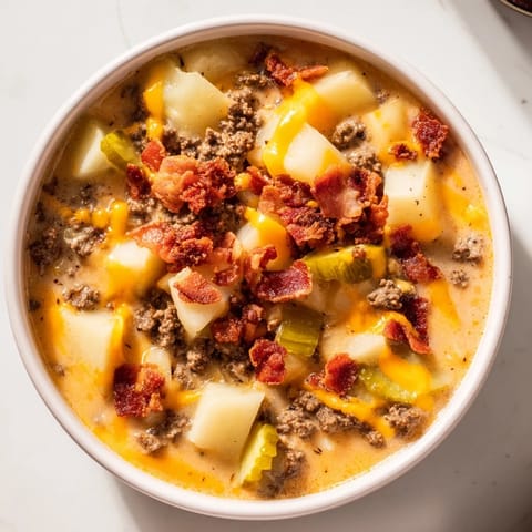 Rich Crockpot Cheeseburger Soup—savory ground beef, potatoes, and cheese simmered to perfection in a slow cooker.