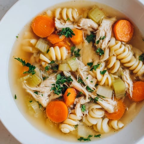 Hearty Crockpot Chicken Noodle Soup, a family favorite, garnished with fresh parsley and ready to serve.