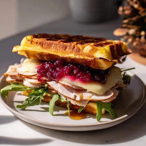 Warm, homemade Easy Holiday Waffle Sandwich with savory turkey and sweet cranberry sauce—a perfect brunch idea.
