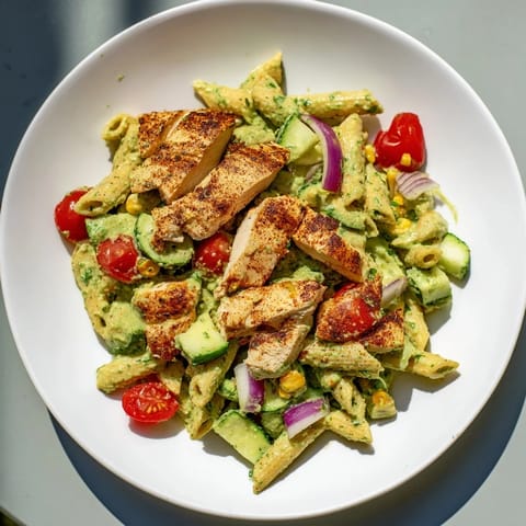 A close-up of a delectable Peruvian Aji Verde Chicken Pasta Salad, showcasing juicy chicken and a vibrant sauce.